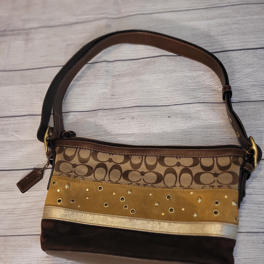 Coach Tan and Gold Signature Shoulder Bag